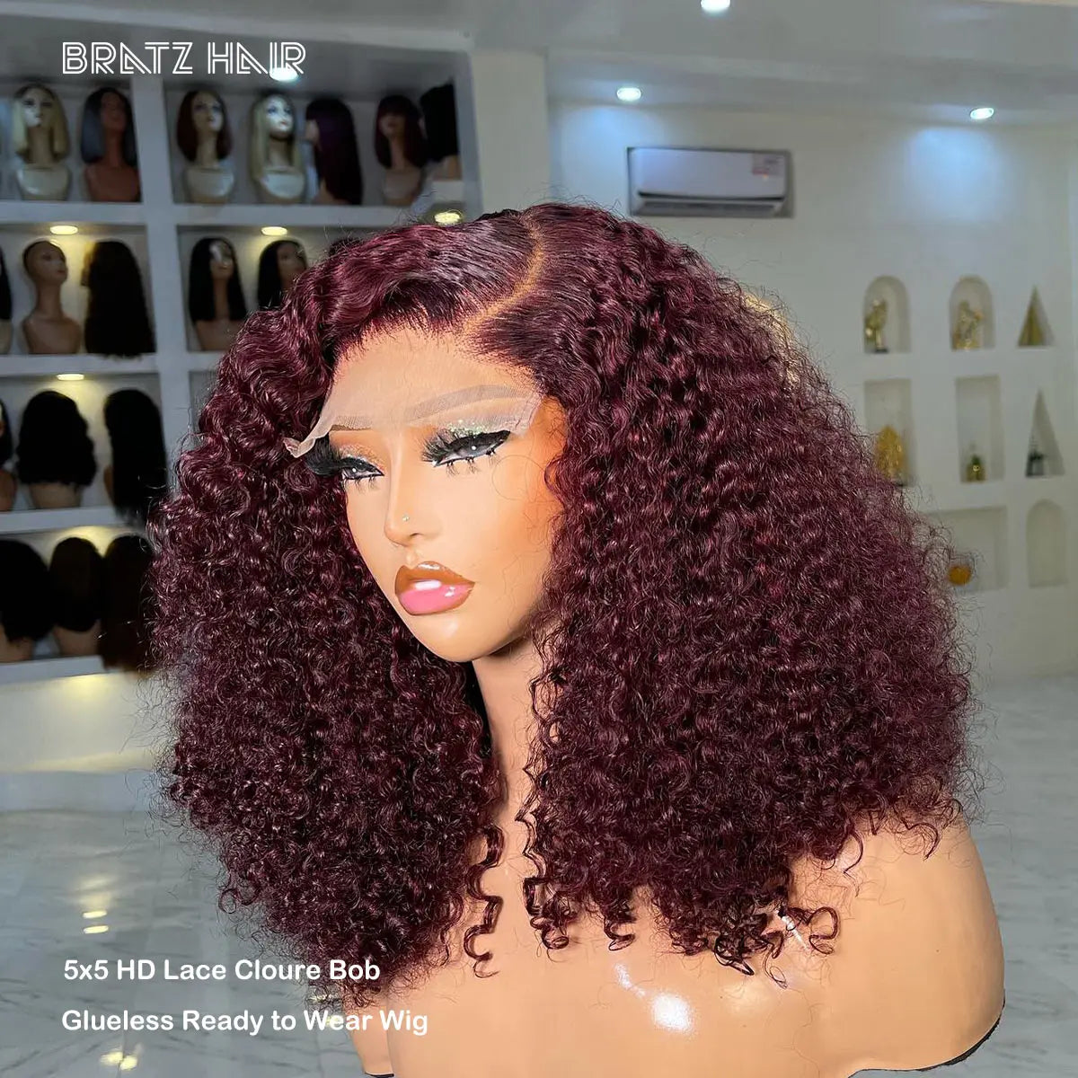 Maxy Glueless Wig Human Hair Ready to Waer 99j Burgundy Kinky Curly Bob Wig Preplucked Wine Color 4x4 5x5 HD Lace Bob Wig 400 Density