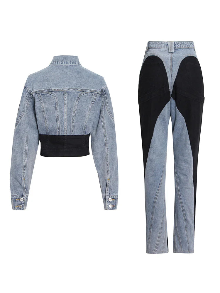 TWOTWINSTYLE Hit Color Patchwork Denim Two Piece Sets Women Long Sleeve Coat Jacket Female High Waist Pencil Pants Jeans 2022