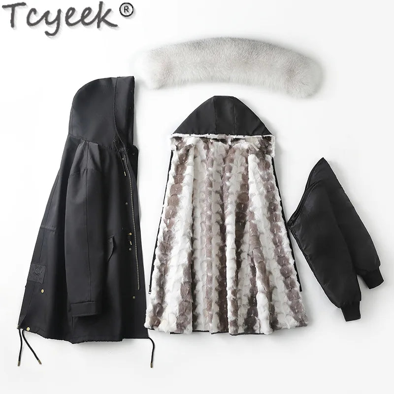 Tcyeek Natural Mink Fur Coat Man Hood Winter Jackets for Men Clothes Fashion Real Fur Parka Warm Fox Fur Collar Casaco Masculino