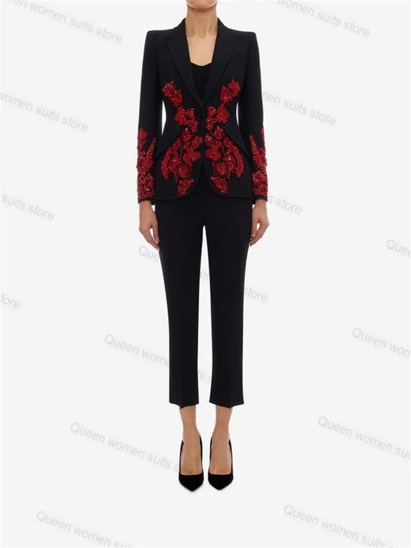 Maxy Crystal Black Wedding Women Pants Suit Set 2 Piece Blazer+Trousers Luxury Jacket Coat Formal Office Lady Customized Prom Dress