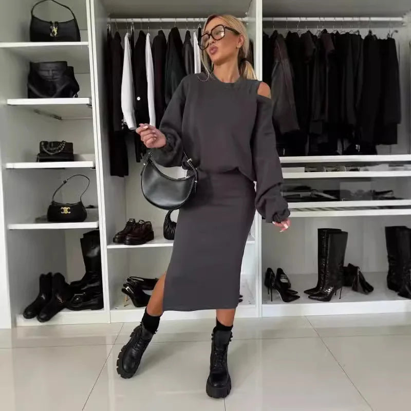 Maxy New Dress With Sweatshirt Two Piece Sets Women Fashion Solid Lantern Sleeve Pullover Top Outfits Autumn Winter Tank Dresses Suit