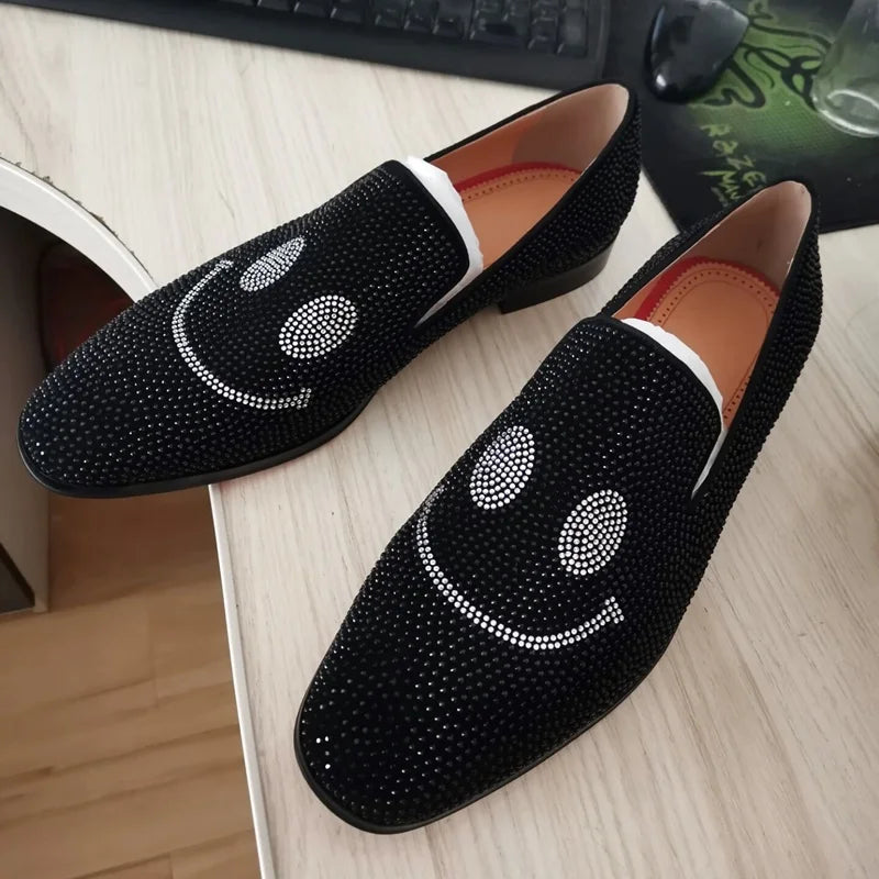 Maxy Smiling Face Rhinestone Loafers For Man Handmade Suede Men Shoes Slip On Mens Dress Shoes Party And Wedding Shoes