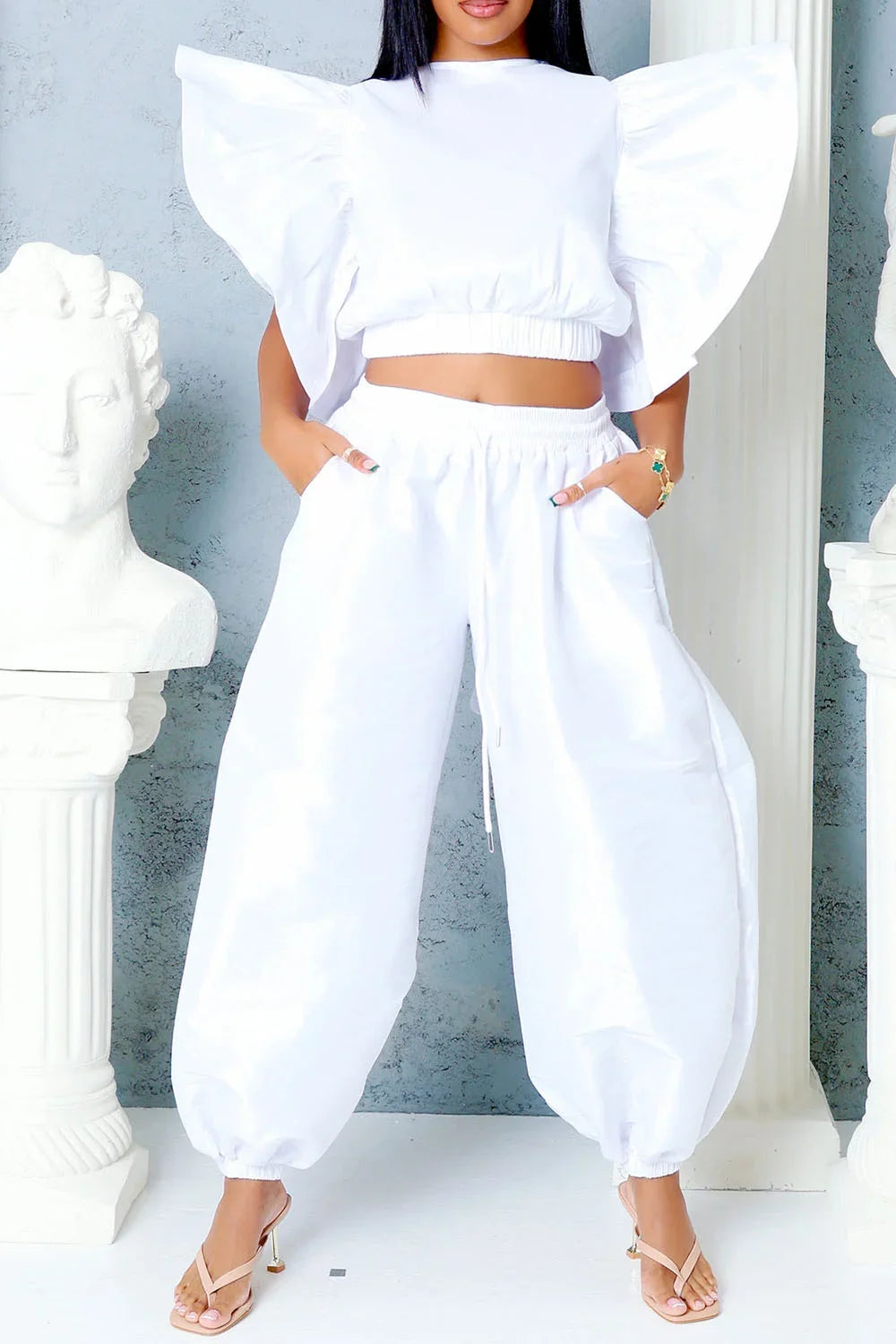 Maxy Women's Plus Size Matching Set Round Neck Flutter Sleeves Short Sleeve Tops and Loose Trousers Casual Two Pieces Sets for Summer