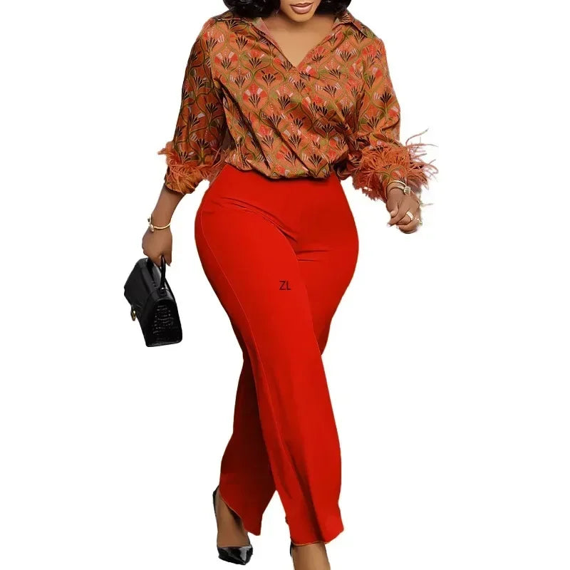 Maxy 2 Piece Women Sets New Arrival Plus Size Spring Summer Matching Sets Print Two Pieces Sets Top Pants Suits Outfits Clothing