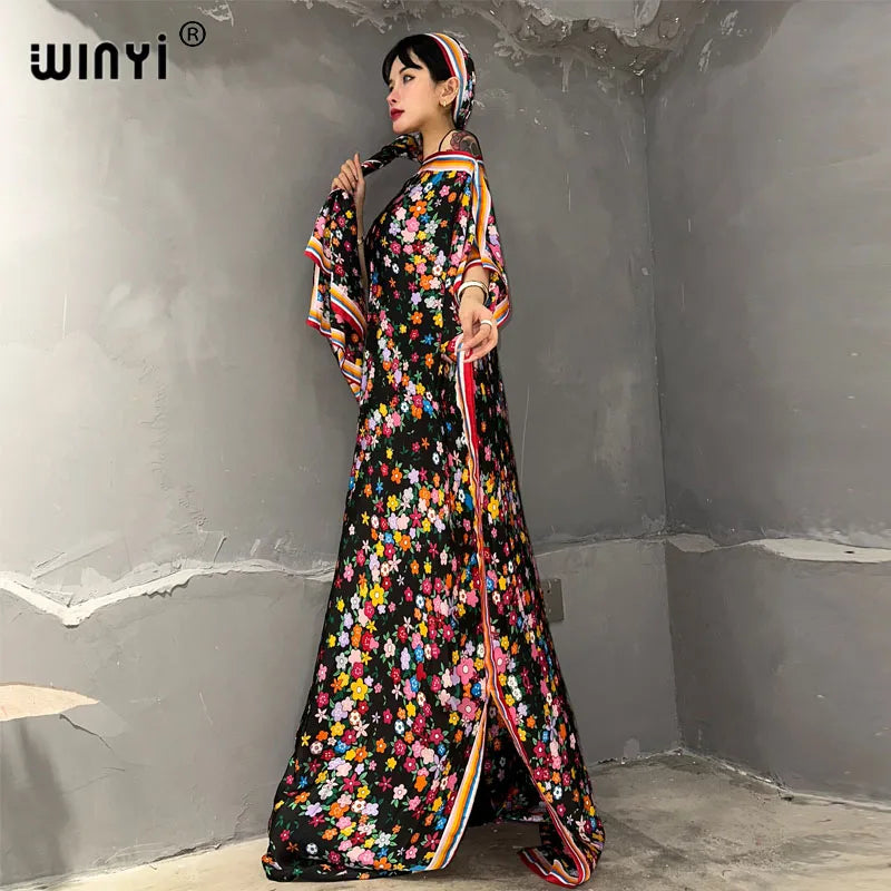 Maxy summer boho print Africa dress Dubai Muslim Dashiki Caftan holiday Design With belt evening dress party abayas for women