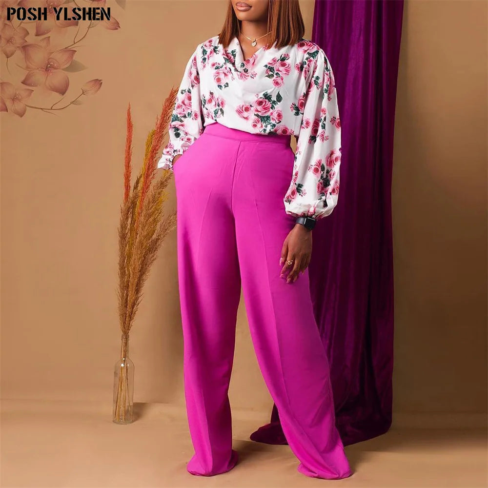 Maxy Two Piece Set Women Tracksuit Summer Fall Clothes African Dresses for Women Casual Party Print Tops Wide Leg Pants Suits Outfits
