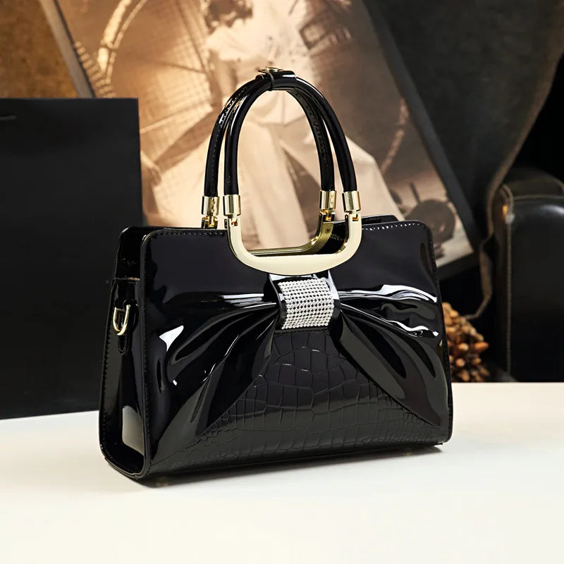Maxy Women Luxury Designer Glossy Leather Evening Handbags Ladies Casual Crossbody Shoulder Bag Fashion Diamond Bow Tie Totes