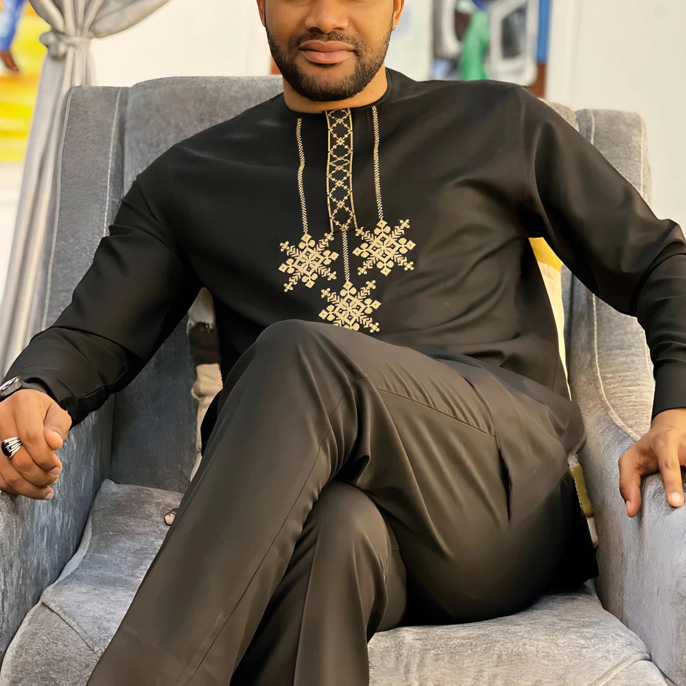 Amay New Kaunda Men's Set Fashionable and Elegant Men's Wedding Set Round Neck Long Sleeve Embroidered Men's Full Set Suit