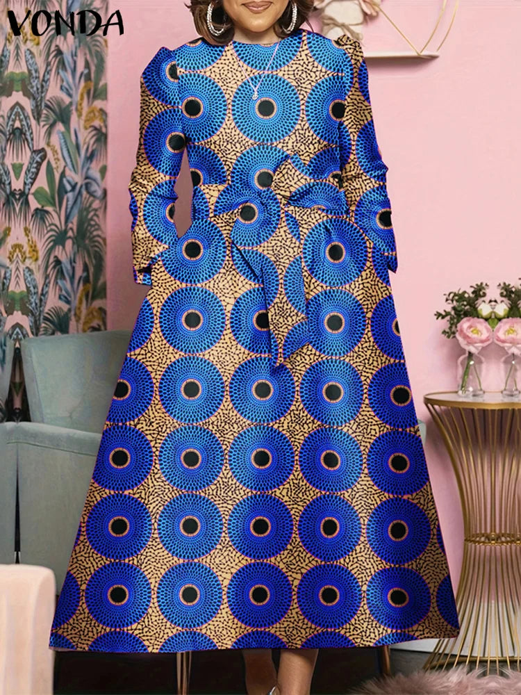 Maxy Plus Size 5XL VONDA Bohemian Maxy Long Dress Women Printed Sundress Fashion Long Sleeve Vestidos Casual Loose Robe