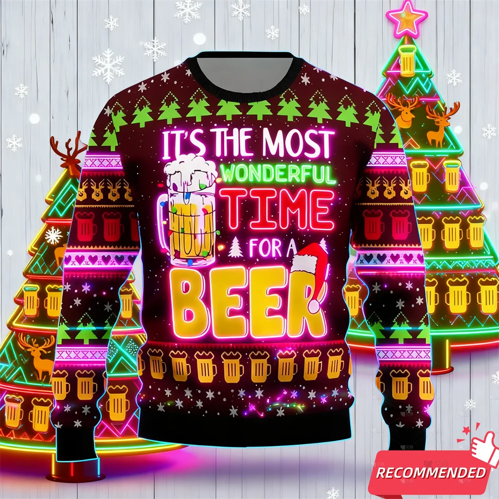 Maxy Fashion Beer Ugly Christmas Sweater For Women Funny Cartoon Santa Mens Ugly Sweater Xmas Holiday Crew Neck Men's Sweatshirt