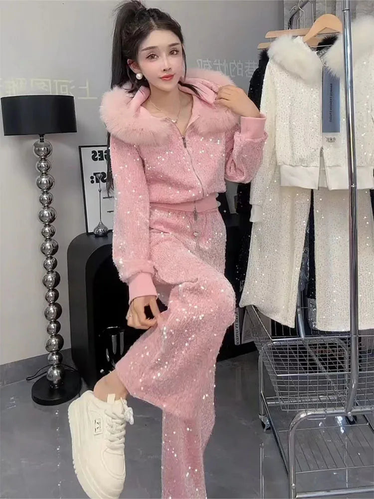Maxy Fashion plush Casual set Autumn Winter design with fur collar sequin hooded sweater Coat and wide leg pants two-piece sets
