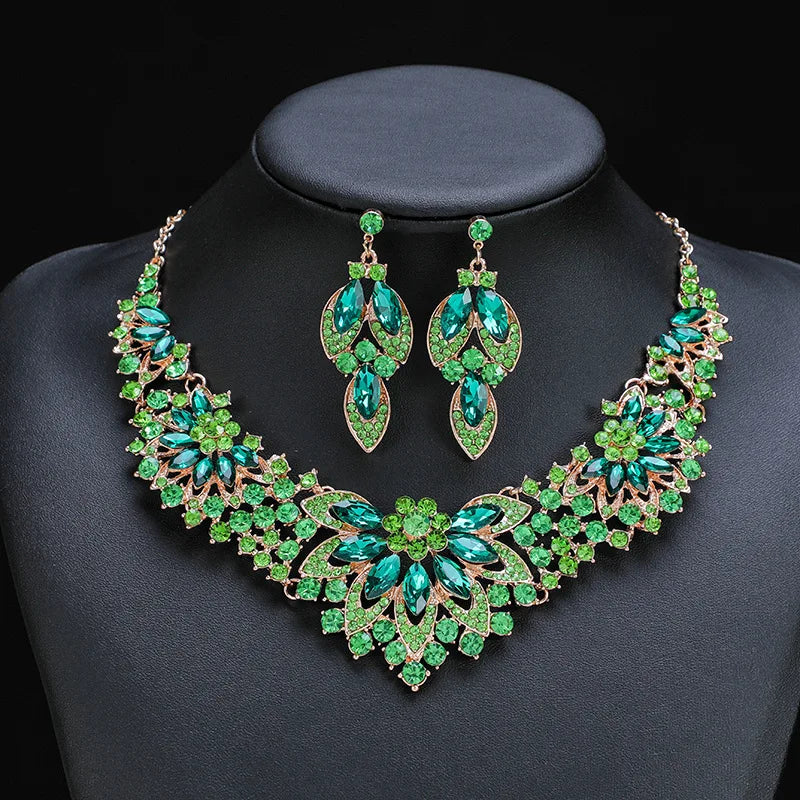 Maxy Luxury Exquisite Green Crystal Leaf Dubai Jewelry Sets For Women Wedding Party Jewelry Accessories Stud Earrings & Necklace Gift