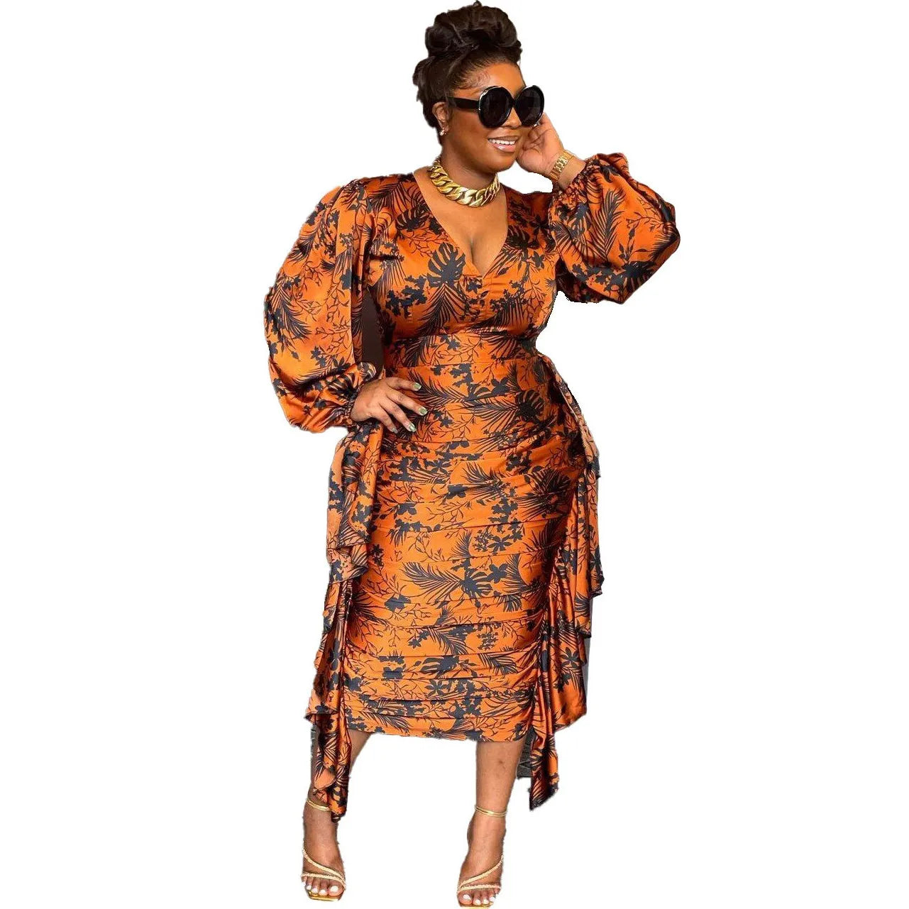 Maxy Dresses for Women Summer Autumn Africa Clothing Long Sleeve Ruched Dress Sexy V-Neck Slim Dress Office Lady Party