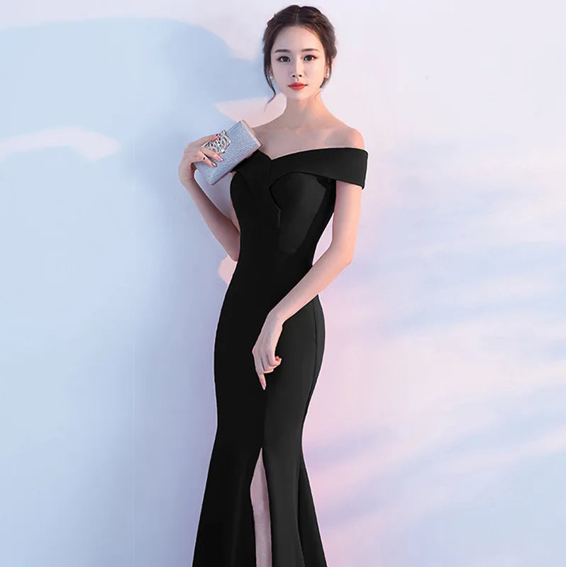 Maxy Evening Dresses Black Stretchy Off the Shoulder Zipper Back Mermaid Trumpet Slit Floor Length Women Party Formal Gowns YE006