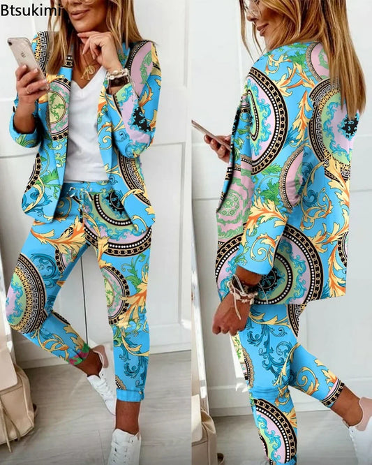 Maxy Spring Autumn Two Piece Sets Women Printted Elegant Blazer & Pants Set Outifits Fashion Tracksuits Casual Elegant Female Sets