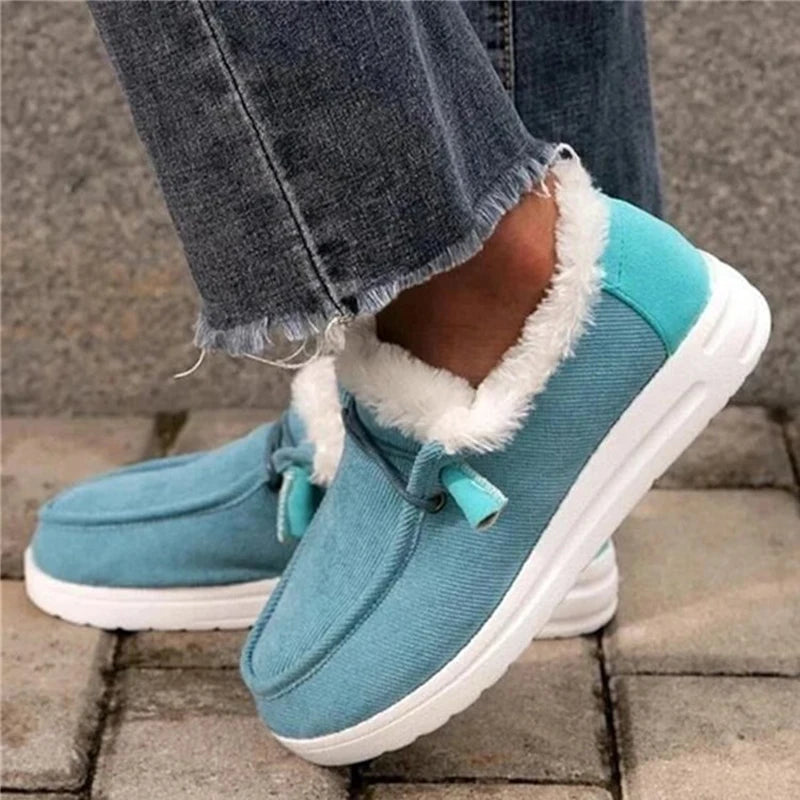 Maxy Winter Plush Loafers Women Ankle Shoes Slip-on Round Toe Flat Faux Suede Sewing Leisure Mature Casual Daily-wear Lace Plus Size
