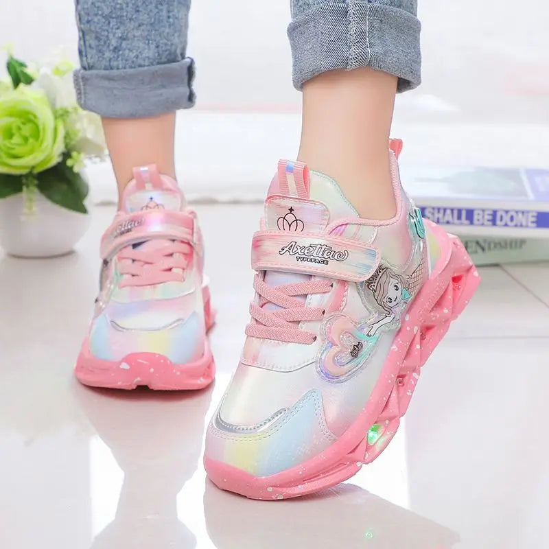 Maxy Children's Sports Shoes with Lights Cute Cartoon Mermaid Girls Sneakers Led Luminous Light Running Shoes Leather Toddler Shoes