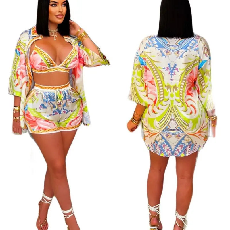 Maxy Women Printed Beach Style 3 Piece Sets Summer Lapel Three Quarter Sleeve Blouse+Bra+Shorts Matching Holiday Outfit Clothing