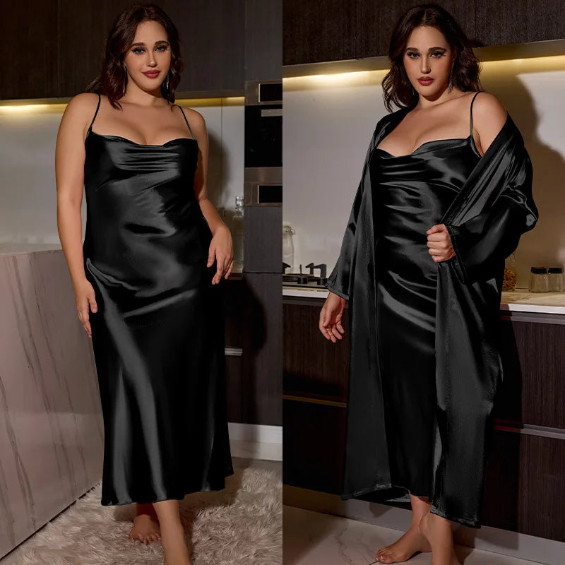 Maxy Big Size Women Nightwear Long Dress and Bathrobe Set for Ladies Pajamas Spring Summer Sexy Comfortable Home Wear Plus Size 2pcs