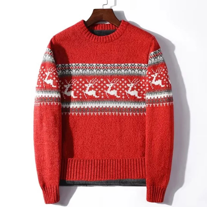 Jacquard Deer Christmas Knitted Sweater Men Red Thick Fleece Wool Men's Jumpers Pullovers Coats Winter Sweater Male Clothing