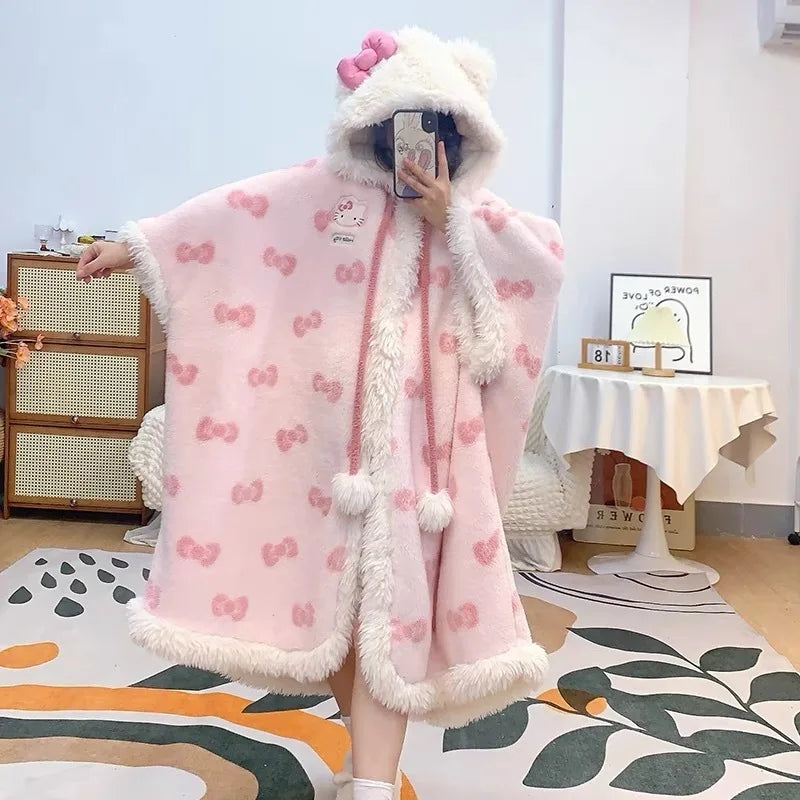 Visco Hooded Hello kitty Plush Robes Girls Cute Sanrio Anime Pajamas Blanket High Quality Casual Fleece Sleepwear Women Clothing