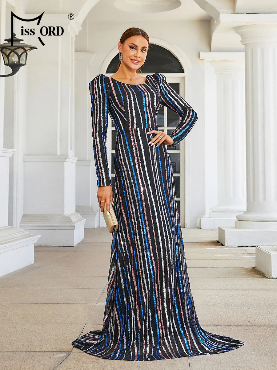 Missord 2024 New Round Neck Long Sleeved Striped Sequin Evening Wedding Birthday Party Maxi Dress