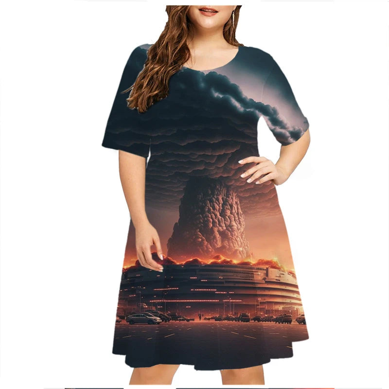 Maxy Thunder Lightning Pattern Women Dress Short Sleeve O-Neck Tie Dye 3D Print Summer Dress Plus Size Ladies Casual Loose Dress 6XL