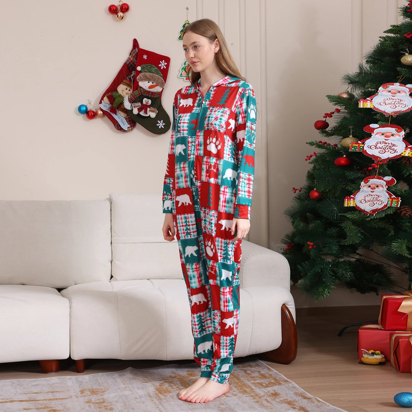 Family Christmas Pajamas Long Sleeve Christmas Tree Print Hooded Jumpsuit Sleepwear