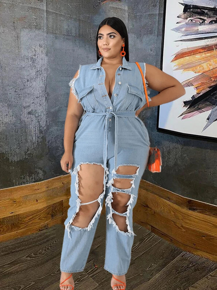 Maxy Women's Jeans Plus Size Streetwear One Piece Suit with Sash Denim Elegant Oversized Ripped Jumpsuit.