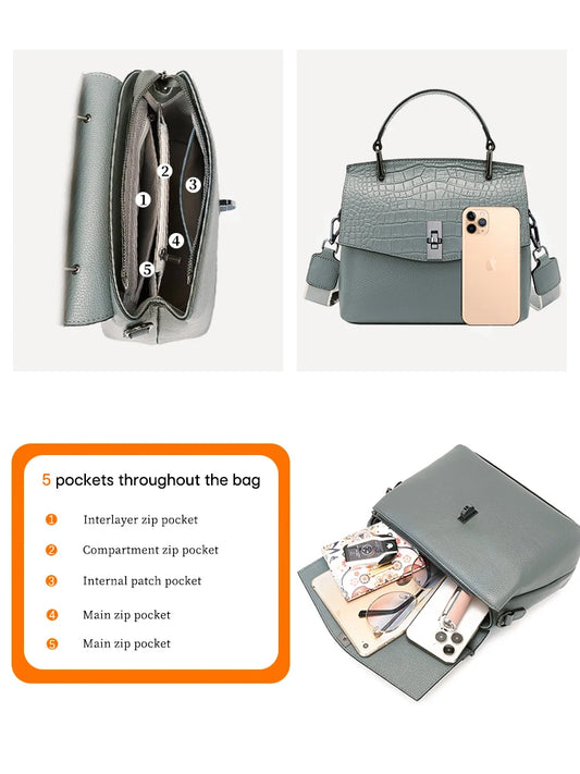 Maxy Zency Genuine Leather Women's Handbag Stone Vintage Tote Bag Luxury Brand Female Crossbody Fashion Shoulder Satchel For OL