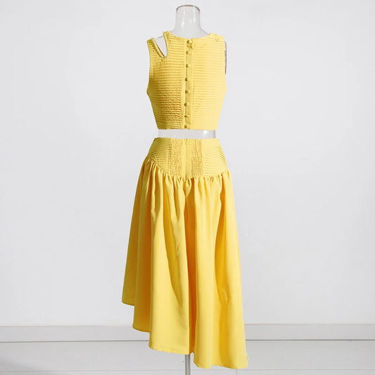 Maxy Asymmetrical Skirt Two Piece for Women O Neck Sleeveless Hollow Out Crop Tops High Waist Pleated Skirt Solid Set Female