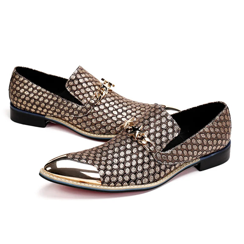 Visco Italian Fashion Men Shoes Genuine Leather Pointed Toe Dress Shoes Business Gold Wedding Formal Shoes Designer Sepatu Pria