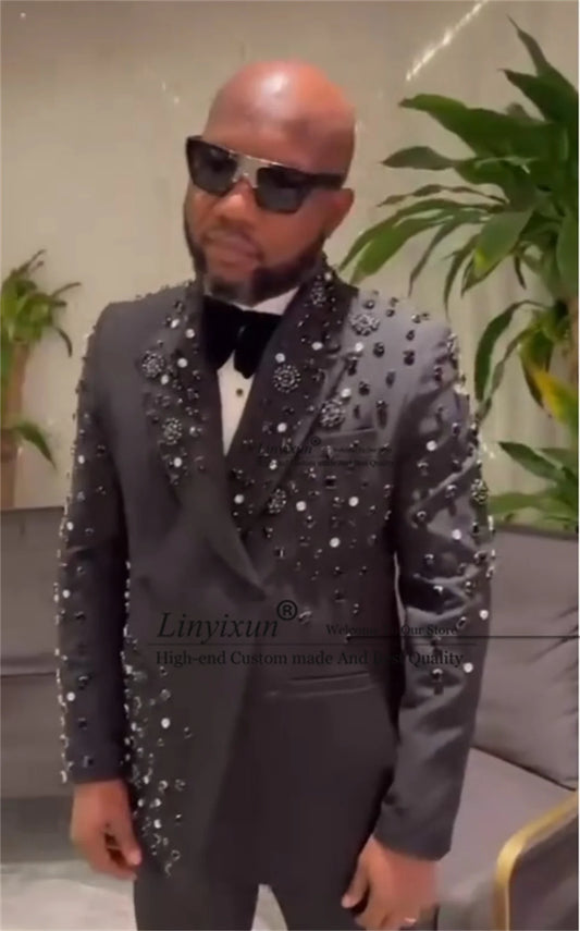 Maxy Luxury CRYSTAL STONE TUXEDO Men Suits Customized Wedding Groom Male Prom Blazers 2 Pieces Sets Double Breasted  Costume Homme