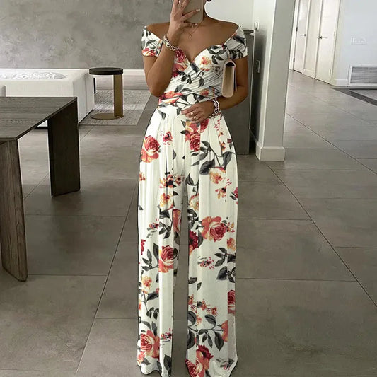 Amay Floral Print Jumpsuit Summer Y2k Women Straight Party Overalls Y2k Club Romper Elegant Off Shoulder Sleeveless Party Jumpsuits