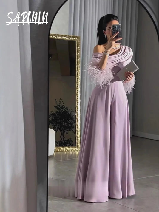 Maxy Loose Elegant Jumpsuit Feathered Pleated Chiffon S-2XL Fashionable Party Gown For Women Fast Shipping Off Shoulder Prom Wear