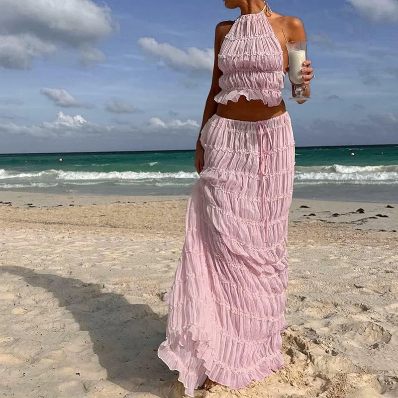 Maxy Women Boho Sexy Backless Matching Suit 2 Piece Beach Holiday Outfits Vintage Ruched Halter Cami Tops + Maxy Long Skirt Party