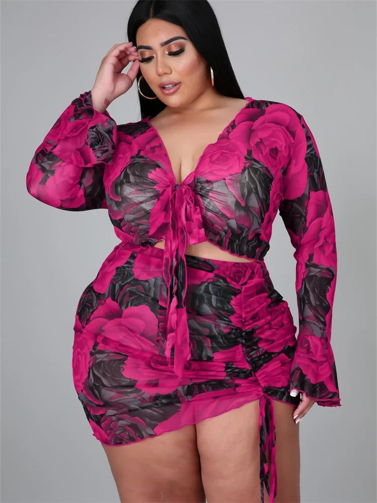 Wmstar Plus Size Women's Clothing 3xl 4xl Mesh Dress Sets Two Piece Set Bandage Short Skirts Printed Wholesale Dropshipping 2024