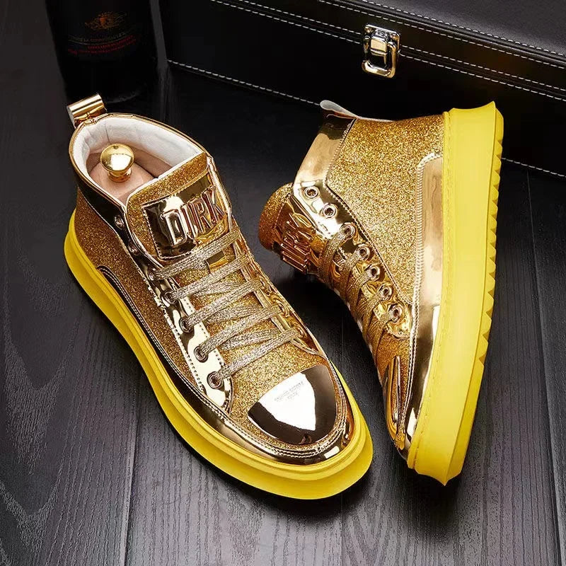 Amay Fashion Y2K boots for men shine leather metal decoration high top boot luxury shoes hairdresser Casual Male sneakers Botines