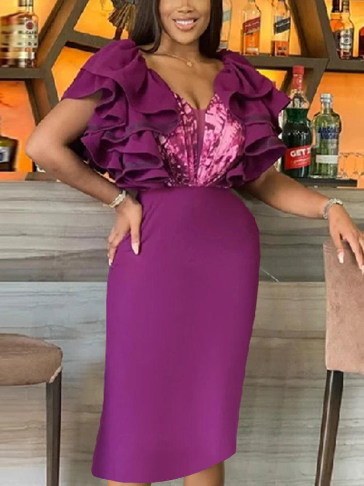 Amay Women Elegant Party Dress V Neck Printed Mesh Patchwork Ruffles Sleeve Bodycon Birthday Event Occasion dress