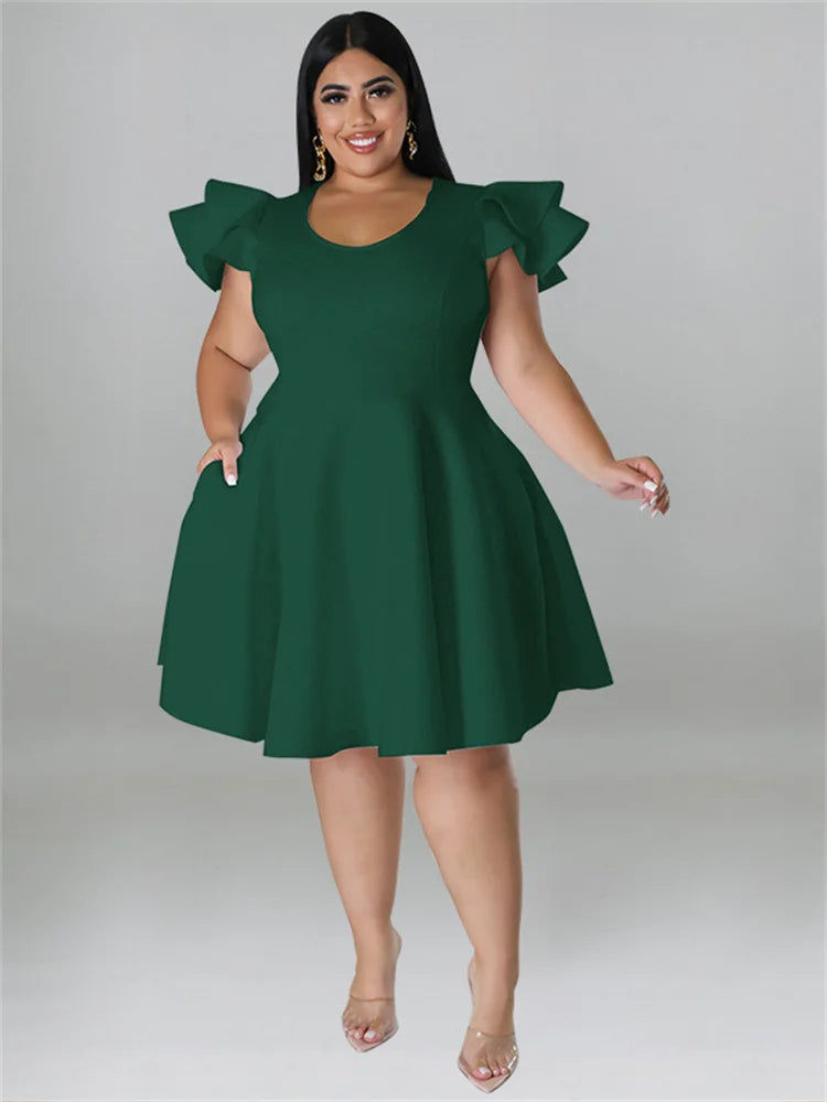 Wmstar Plus Size Dresses for Women Elegant Party  Solid Ruffles Sleeve Big Hem Midi Dress Hot Sale New Wholesale Dropshipping