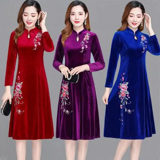 Amay Women Fall Winter Dress Flower Embroidery Hollow Out Velvet Dress Thick Big Swing Stand Collar Long Sleeve A-line Dress