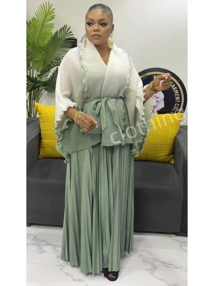 Amay Gradient Pleated Fashion 2 Piece Sets Belt Waist Batwing Sleeves Ruffles Tops A-line Long Dresses Elegant Party Set 32R1391