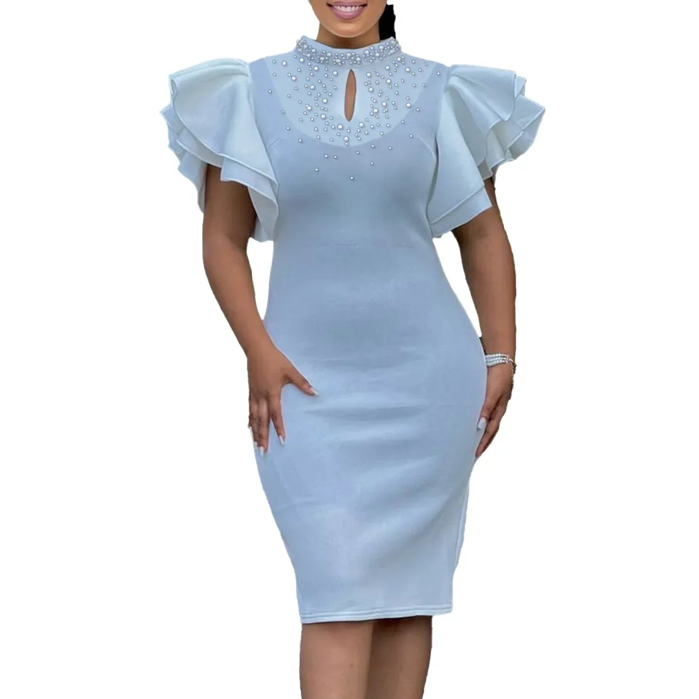 Amay Dresses For Women Summer Spring Africa Clothing Short Sleeve Sexy O-Neck Perspective Slim Office Lady Party Dress