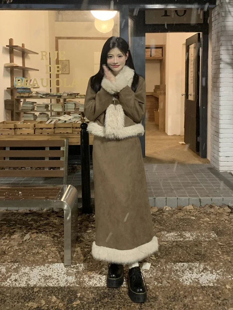Autumn Retro Faux Fur 2 Piece Skirt Set Women Casual Y2k Vintage Blazers Jacket Coats + Skirts Japanese Kawaii Suit Chic Outfits