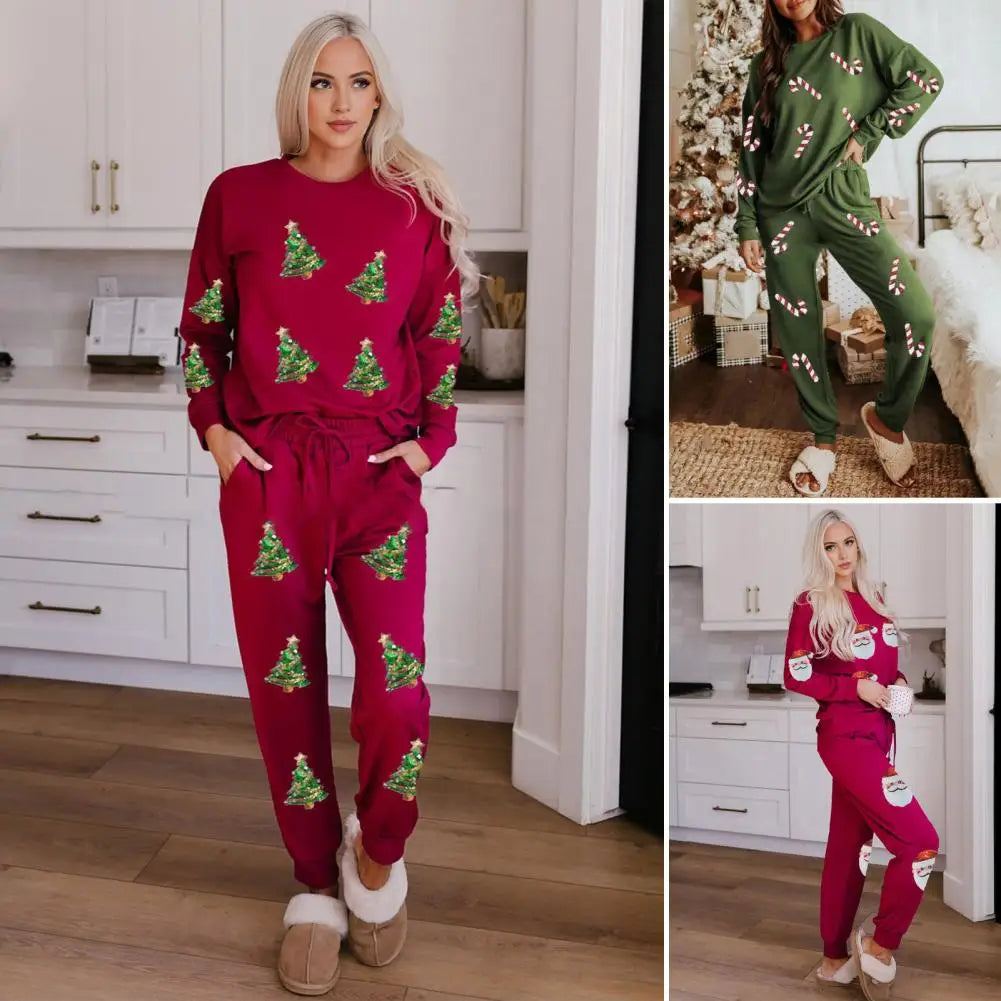 Maxy Women Christmas Suit Festive Holiday Pajama Set with Christmas Print Sequin Top Elastic Waist Pants for Women for New Year's