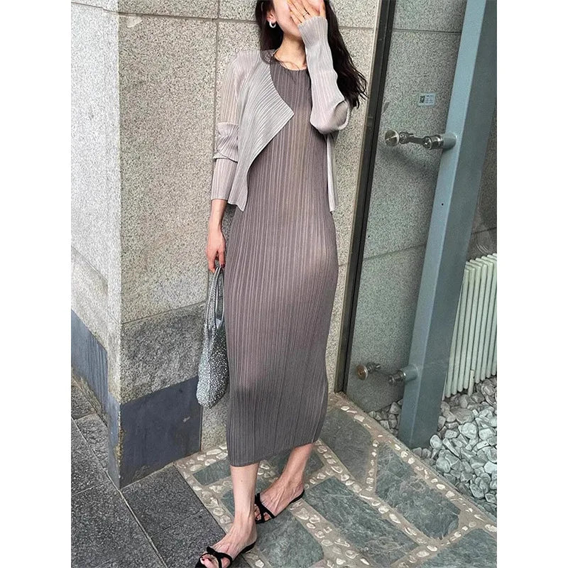 Maxy Loose Peplum Set Miyake Summer Fashion Design Pleated Solid Color Cardigan Sleeveless Tank Dress Women's Two Piece Set