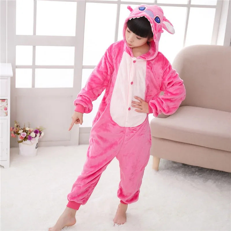 Maxy Christmas Cartoon Lilo & Stitch One-Piece Pajamas Disney Children Plush Kigurumi Onesies Winter Warm Clothes Boys Girls Gift