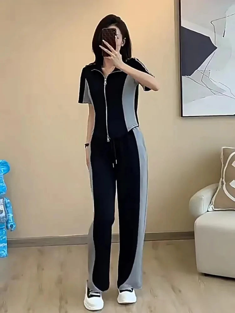 Maxy Summer New Stitched Zipper T-shirt top Female Set Elegant Women's Jeans Casual Blouse Two Piece Set Ladies Tracksuits Suit