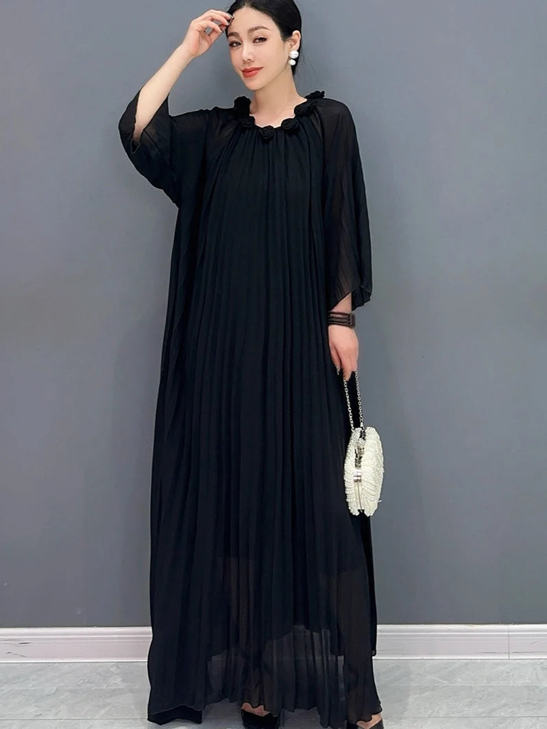 Babs Summer New Dress For Women Flower Bract Neck Flower Bract Sleeve Lace Fold Female Big Swing Black Dresses 5C1280