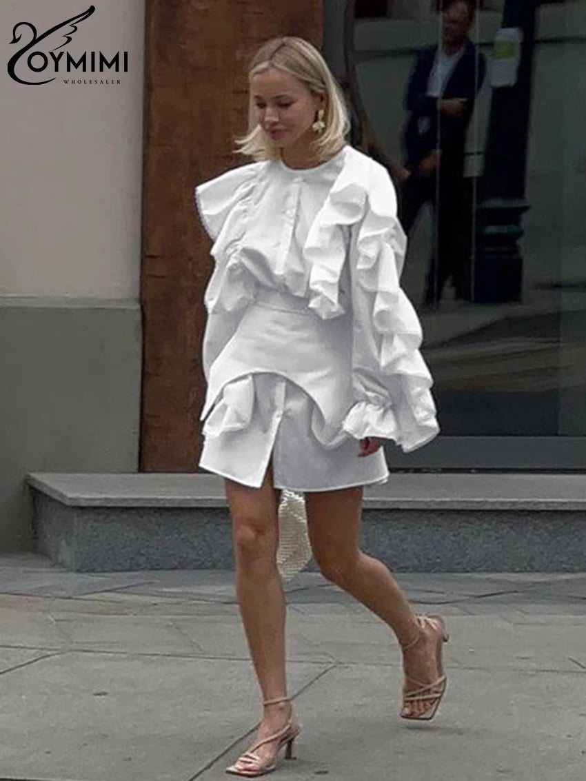 Maxy Fashion Loose White Cotton 2 Piece Sets Women Outfit Elegant Ruffle Long Sleeve Girdle Single Breasted Mini Dress Set